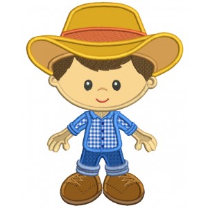 Little Farmer Boy Wearing Big Hat Applique Machine Embroidery Design Digitized Pattern